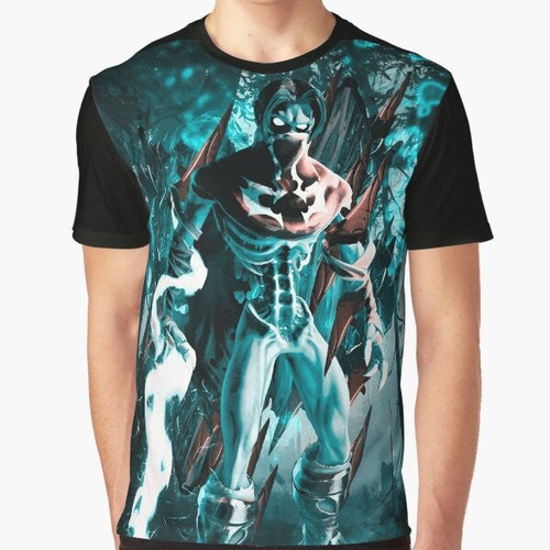 Raziel from the Soul Reaver video game series featured on a graphic t-shirt with fantasy and vampire design elements.