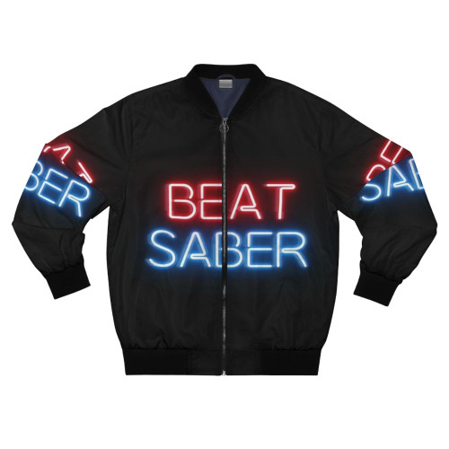 A dark blue bomber jacket with a Beat Saber-inspired neon design, suitable for fans of virtual reality gaming.