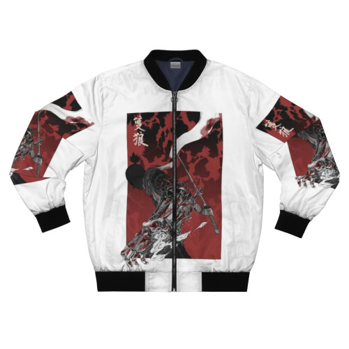 Sekiro bomber jacket featuring an anime-style illustration of a wolf holding a katana sword
