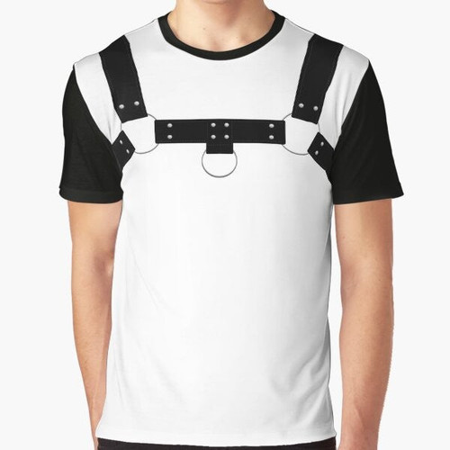 Bulldog graphic on a black t-shirt with a leather harness design for gay and queer pride