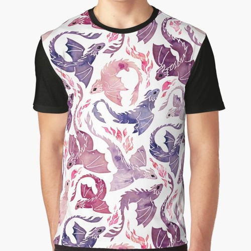 A whimsical graphic t-shirt featuring a dragon breathing colorful fire in shades of pink and purple.