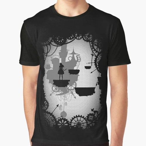 Alice in Limbo graphic t-shirt featuring a dark and mysterious design with the Cheshire cat in a steampunk-inspired Wonderland setting