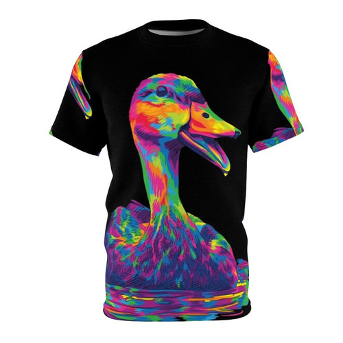 Colorful abstract design featuring a happy, smiling duck on a t-shirt