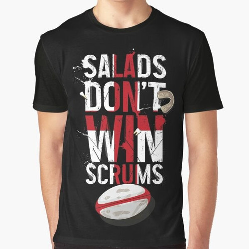 Distressed vintage-style England rugby t-shirt with the text "Salads Don't Win Scrums" and rugby ball graphic