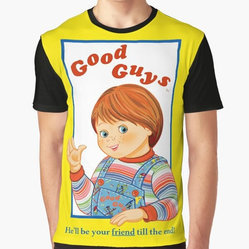 Chucky, the horror icon from the 80s movie Child's Play, featured on a graphic t-shirt design.