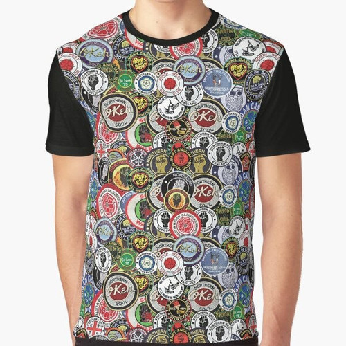 Vintage graphic t-shirt featuring northern soul patches, okeh, wigan pier, and "keep the faith" design
