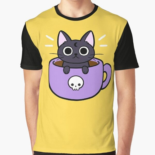 Illustration of a happy, smiling cat sitting and holding a cup of coffee or tea