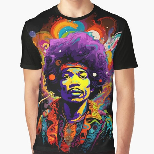 Jimi Hendrix inspired psychedelic graphic t-shirt featuring a guitar and music elements