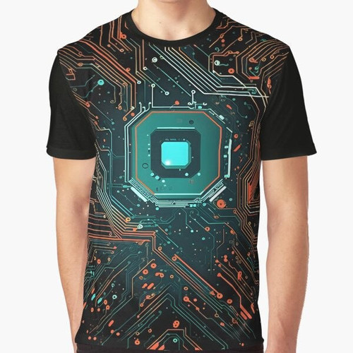 A graphic t-shirt featuring a motherboard design, representing computer technology, electronics, and programming.