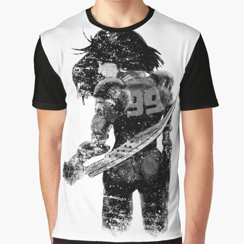 Distressed graphic t-shirt featuring a watercolor-style manga angel design in black and white, inspired by the anime series Battle Angel Alita.