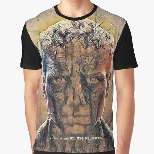 "Come and See" vintage movie poster graphic design on a t-shirt