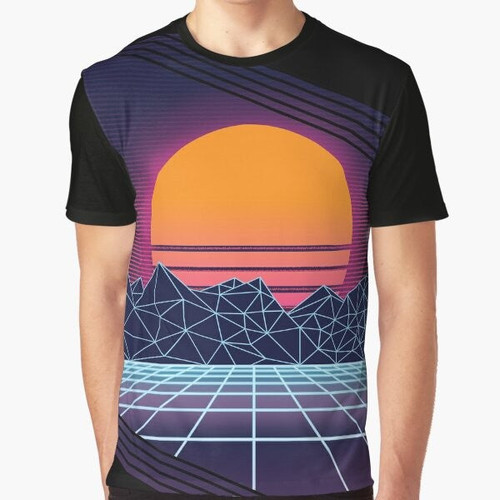 A graphic t-shirt featuring an outrun-style sunset design with neon elements and a cyberpunk, vaporwave aesthetic.