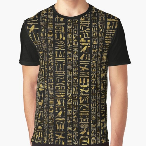 Vintage Egyptian hieroglyphs in gold color on a black t-shirt