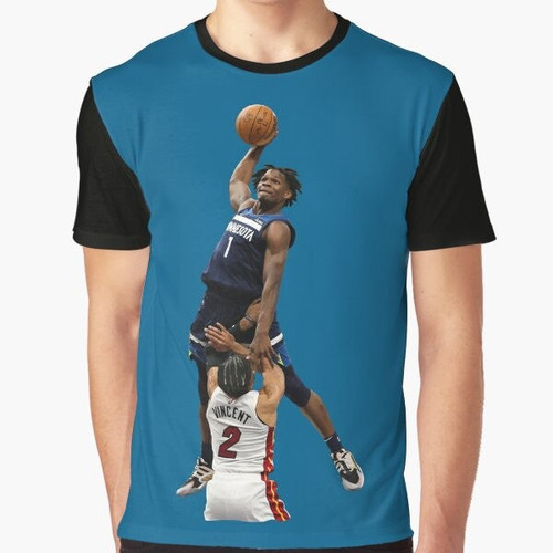 Graphic t-shirt featuring Anthony Edwards posterizing Gabe Vincent with a powerful dunk