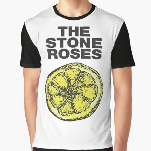 A graphic t-shirt featuring the iconic lemon logo of the legendary British band, The Stone Roses.