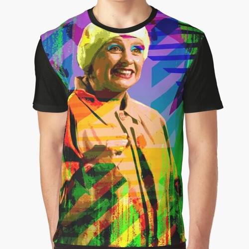 Graphic t-shirt featuring the image of Victoria Wood, a renowned queer comedy icon.