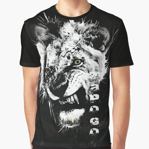 Mapogo lion graphic design on a t-shirt, featuring a South African safari animal