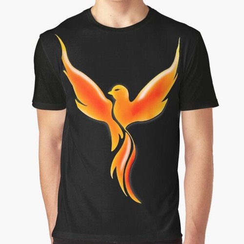 A striking graphic t-shirt featuring a flaming phoenix design, ideal for those with complex regional pain syndrome (CRPS).