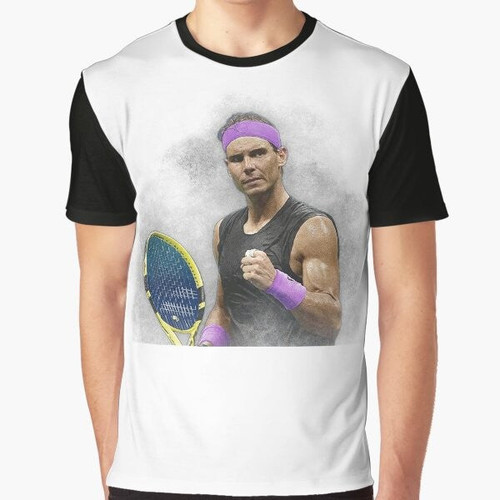 Rafael Nadal wearing tennis clothes and holding a tennis racket on a clay court