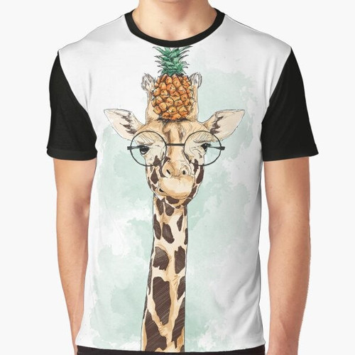 Giraffe wearing sunglasses and holding a pineapple on a graphic t-shirt
