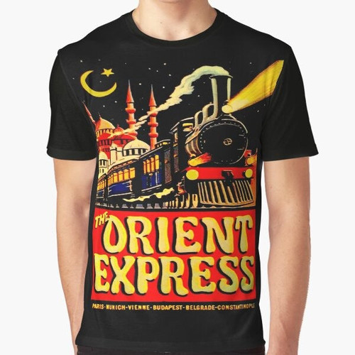 Vintage 1936 Orient Express train advertising graphic on a t-shirt