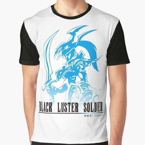 Black Luster Soldier from Yu-Gi-Oh! in Final Fantasy inspired graphic design on a black t-shirt
