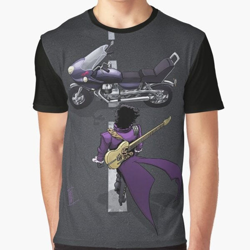 Motorcycle Funk Guitar Graphic T-Shirt with Purple Design