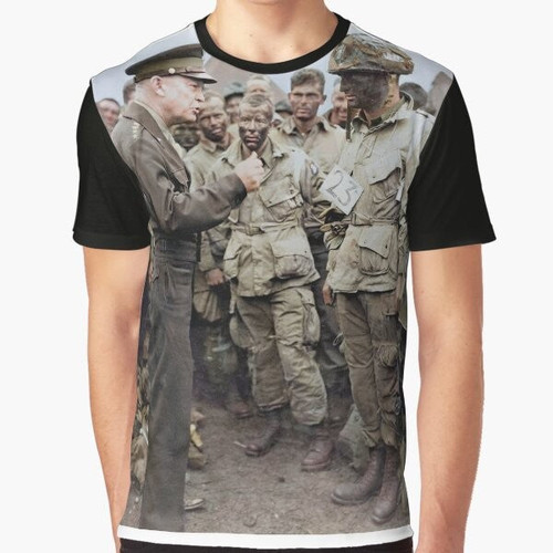 Graphic t-shirt featuring colorized image of General Dwight D. Eisenhower addressing American paratroopers prior to D-Day, World War II
