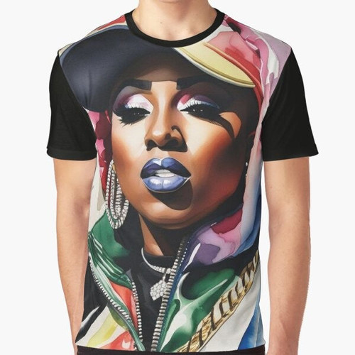 Watercolor graphic featuring Missy Elliott, a famous American singer and rapper