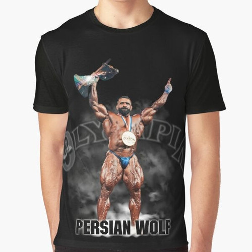 Hadi Choopan, the Persian Wolf, wearing a bodybuilding graphic t-shirt