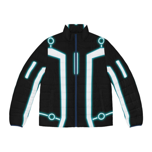 Person wearing a glowing "I Am Not A Program" sci-fi puffer jacket