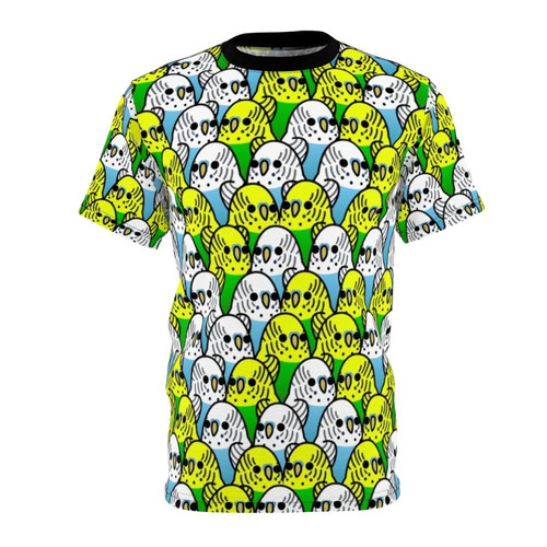 Vibrant too many birds budgie print design on a t-shirt for bird enthusiasts