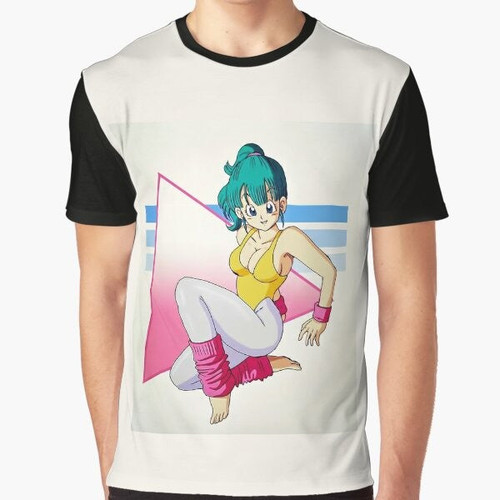 Bulma from the Dragon Ball anime series working out on a graphic t-shirt design.