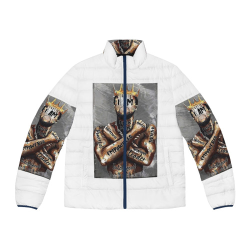 Black man wearing a retro puffer jacket with Pan Am logo