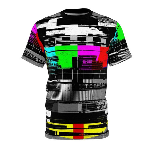 A stylish, glitchy abstract art t-shirt with a distorted, textured graphic design in a retro, vintage-inspired style.