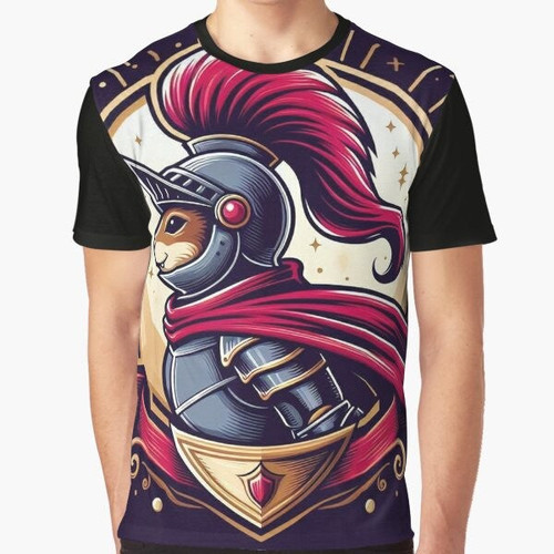 An illustration of a valiant knight's profile on a graphic t-shirt