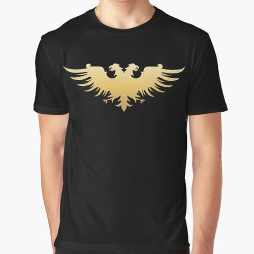 Graphic t-shirt featuring a golden two-headed eagle, a symbol of the medieval empire, perfect for wargaming enthusiasts and fans of Warhammer.
