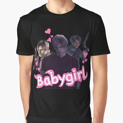 Leon Kennedy Babygirl Resident Evil Graphic T-Shirt, featuring a cute and kawaii design inspired by the Resident Evil video game series.