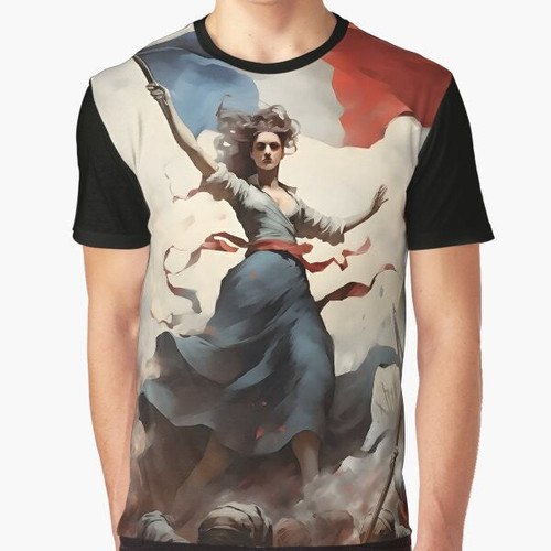 A graphic t-shirt featuring the iconic image of Lady Liberty, a symbol of the French Revolution and the fight for freedom.