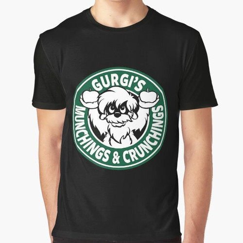 A Disney fantasy movie-inspired t-shirt with the text "Gurgi's Munchings & Crunchings" and a graphic design.