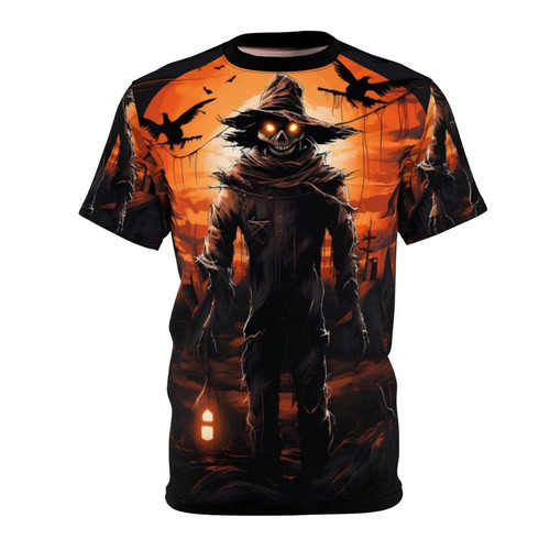 Frightening scarecrow figure under a full moon, creating an eerie, dark horror scene