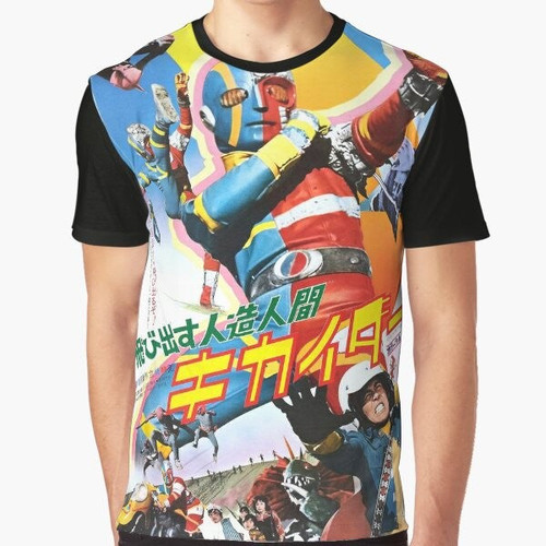 Vintage movie poster featuring the Japanese superhero Android Kikaider on a graphic t-shirt