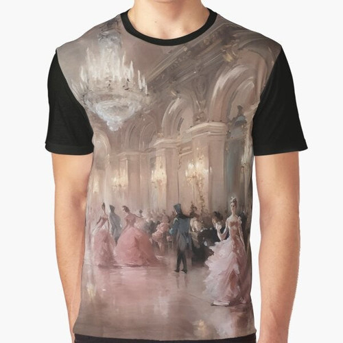 Vintage painting of a pink ballroom with a coquette aesthetic design