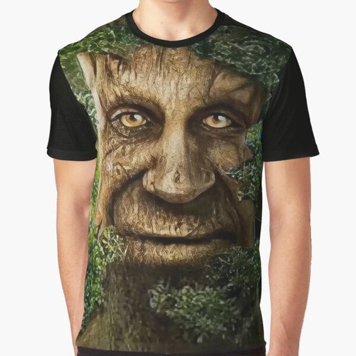 A graphic t-shirt design featuring a wise, mystical oak tree with a meme-style expression.