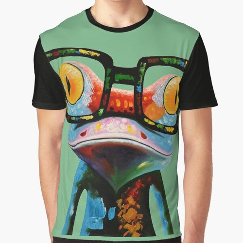 A colorful graphic t-shirt featuring a hipster frog wearing nerd glasses, surrounded by a vibrant, trendy design.