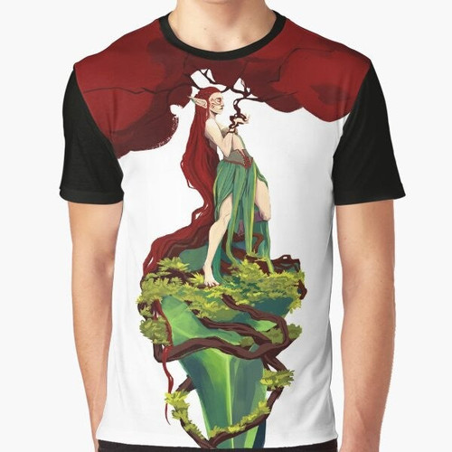 A red tree graphic design on a t-shirt against a natural, botanical background.