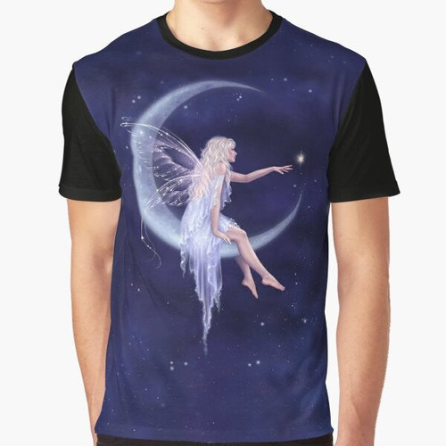 Illustration of a fairy with wings and a crescent moon against a starry night sky