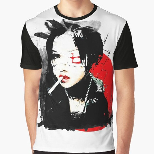 A stylish graphic t-shirt featuring a Japanese punk girl design with elements of Japanese culture and anime.
