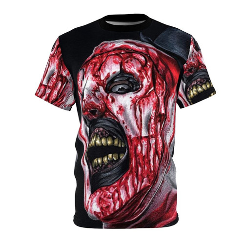 Terrifier 2 AOP T-shirt featuring the iconic Art the Clown from the hit horror movie
