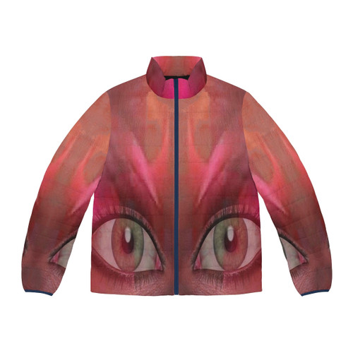 Hypnotized puffer jacket with abstract, psychedelic patterns and a surreal, contemporary aesthetic